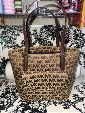 Michael Kors Brown MK Signature Tote with Dark Brown Straps
